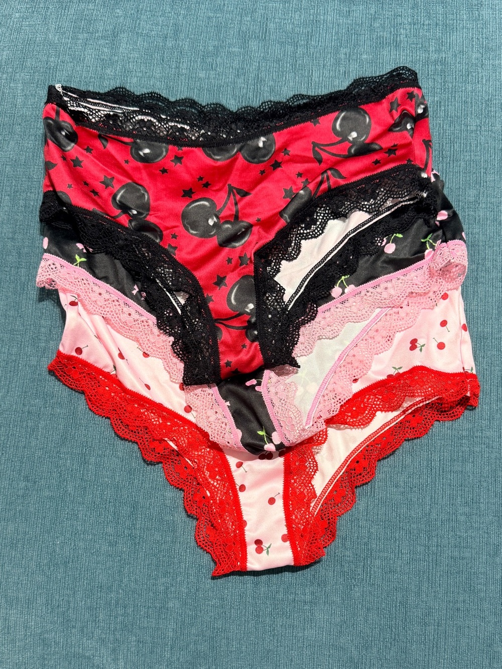 Women's Cherry Print Lace Trim Bikini Panties - Pink/Red/Black